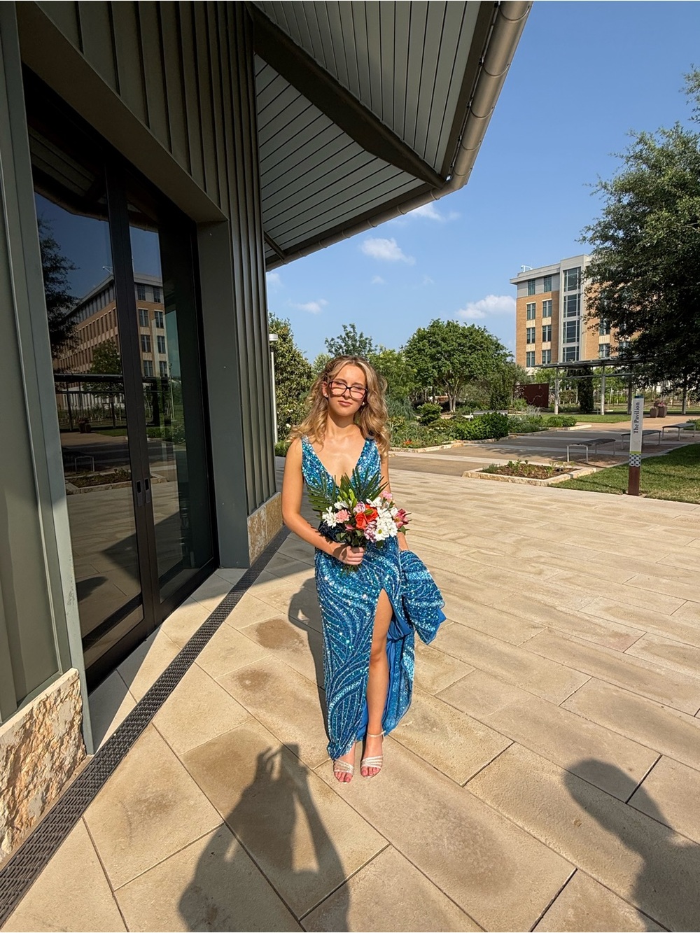 Jovani Turquoise Sequin V-Neck Prom Dress with Side Slit